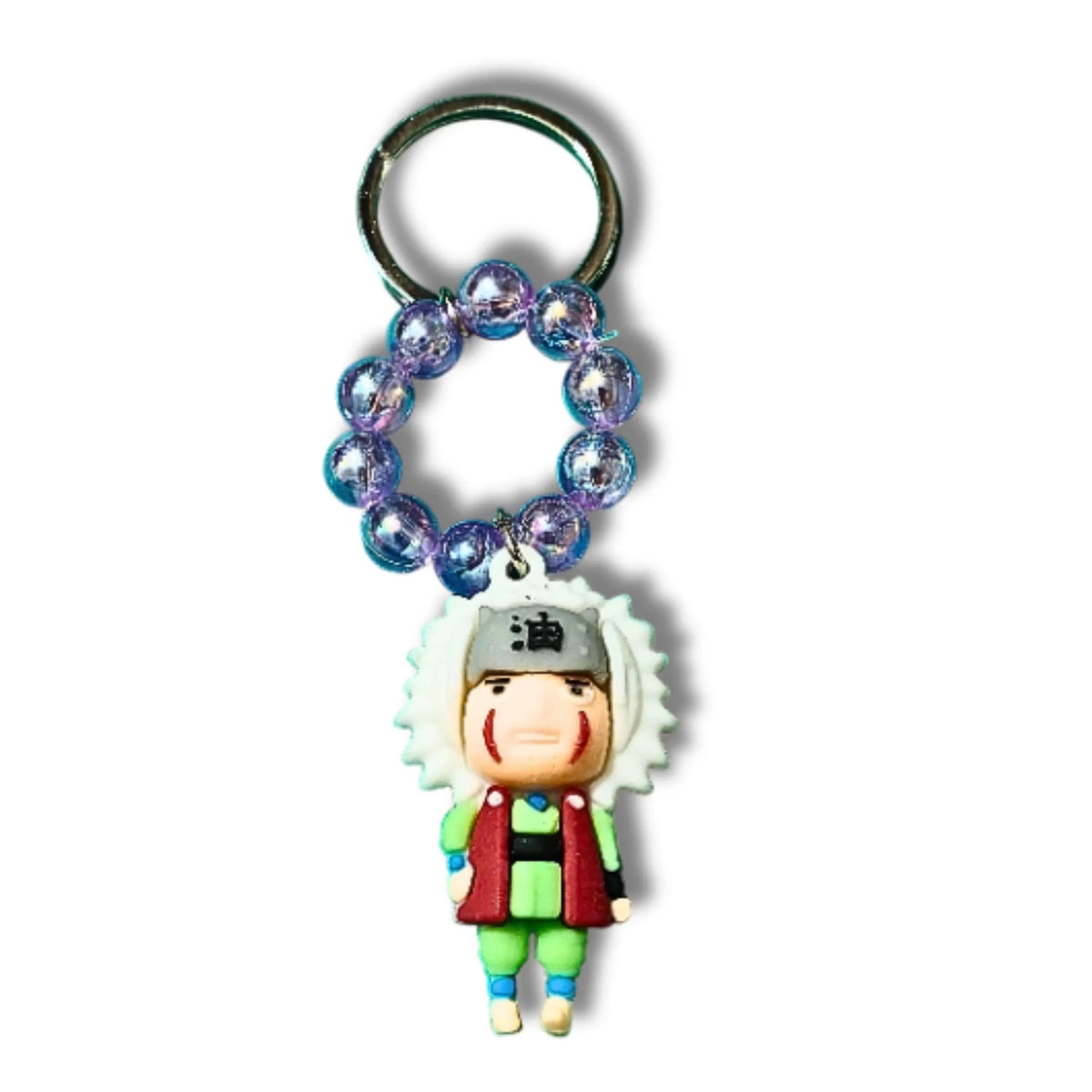 White-Haired Anime Ninja Character Keychain with Purple Beaded Loop