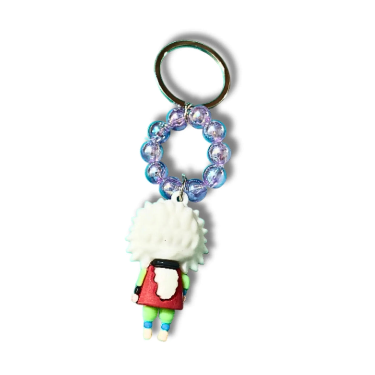 White-Haired Anime Ninja Character Keychain with Purple Beaded Loop