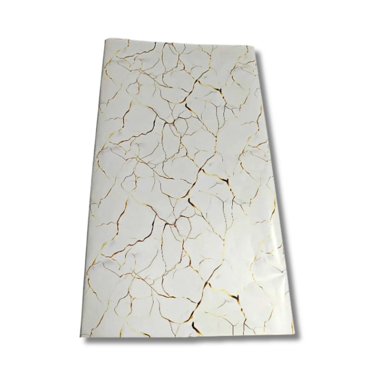 A rectangular sheet of wrapping paper featuring a white marble pattern with elegant gold veins, shown on a clean white background.