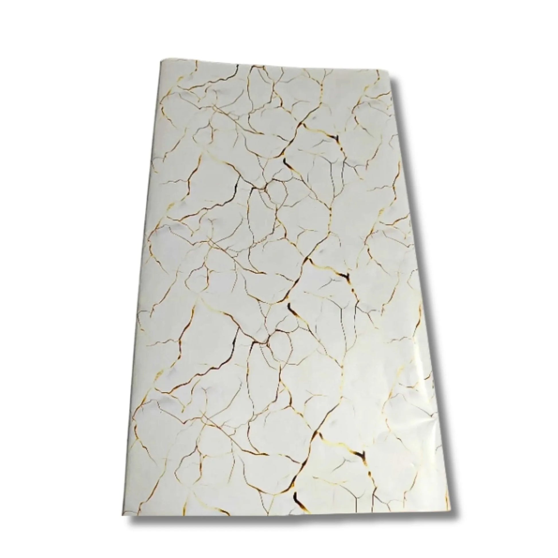 A rectangular sheet of wrapping paper featuring a white marble pattern with elegant gold veins, shown on a clean white background.
