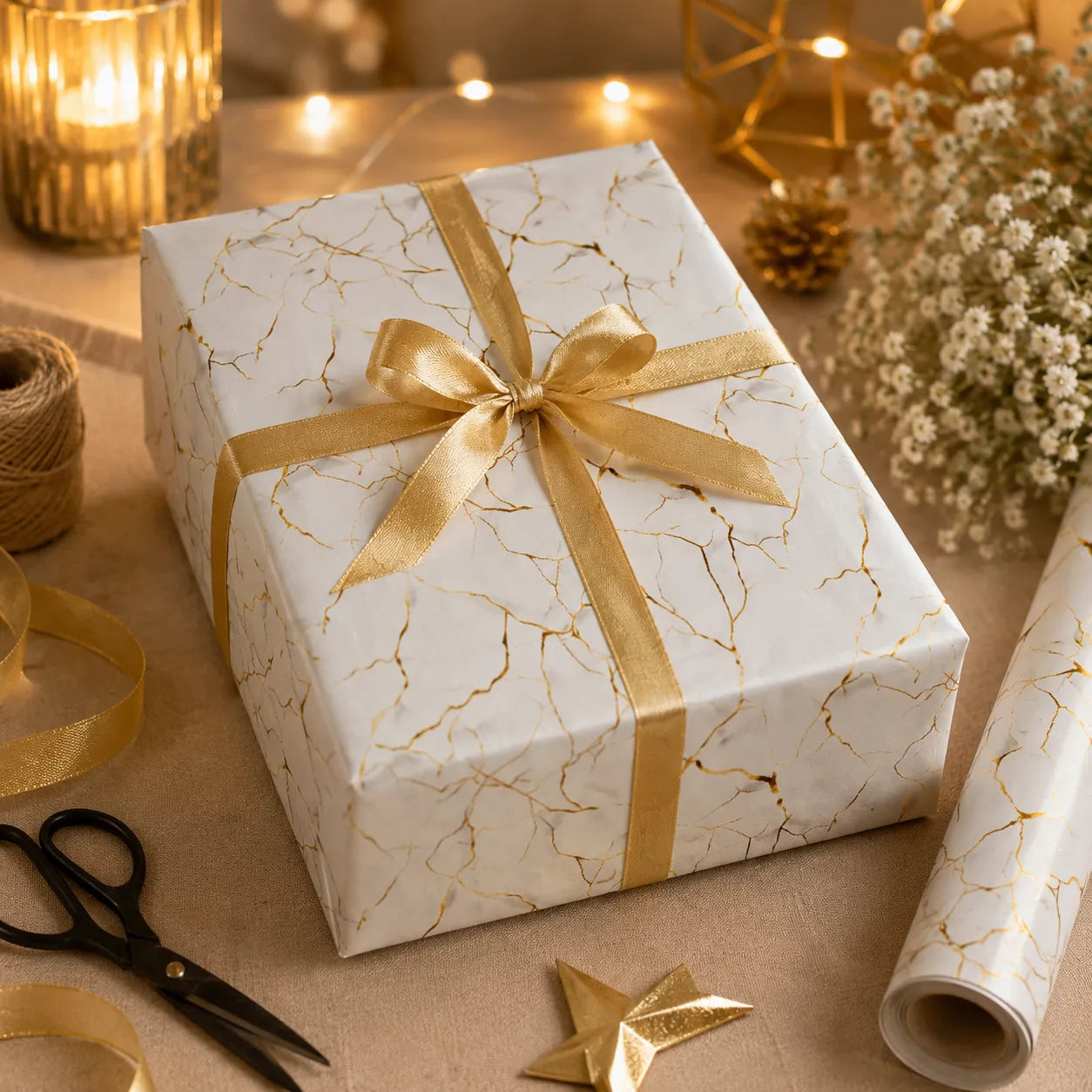 A square gift box wrapped in white paper with a gold marble pattern and tied with a wide gold ribbon, styled on a beige surface with wrapping supplies, string lights, and dried flowers in the background.