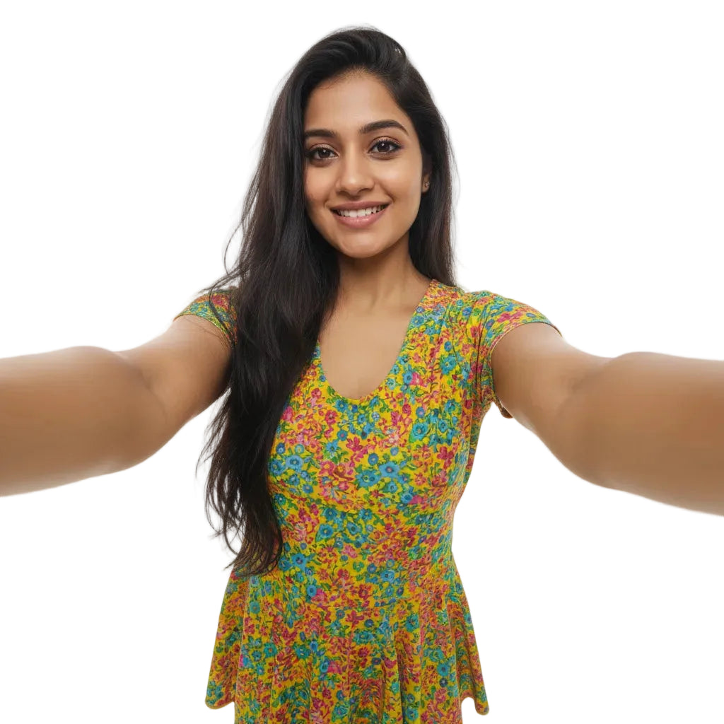 Woman wearing a colorful floral dress against a white background