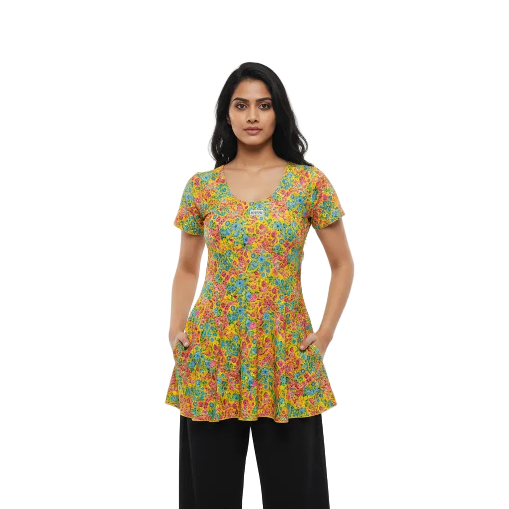 Woman wearing a colorful floral dress on a white background