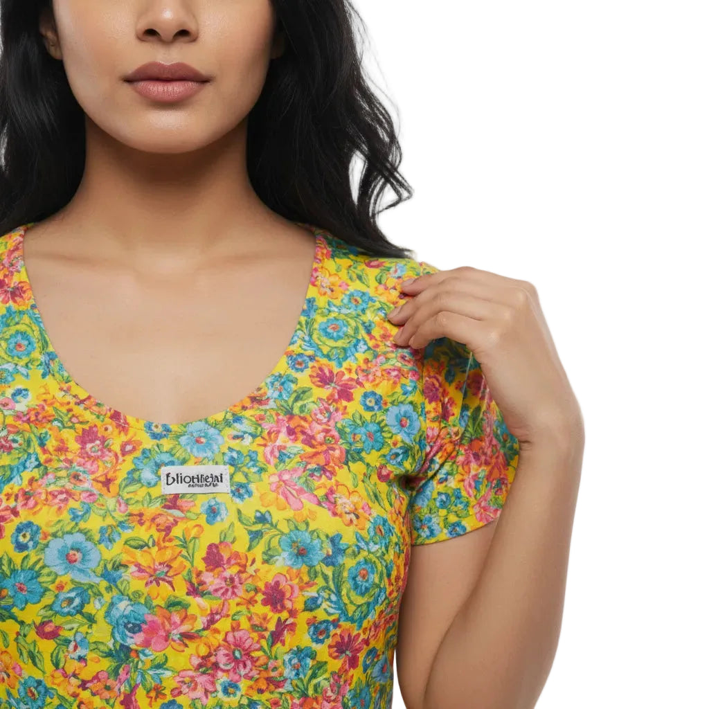 Woman wearing a colorful floral dress with a visible brand label on a white background