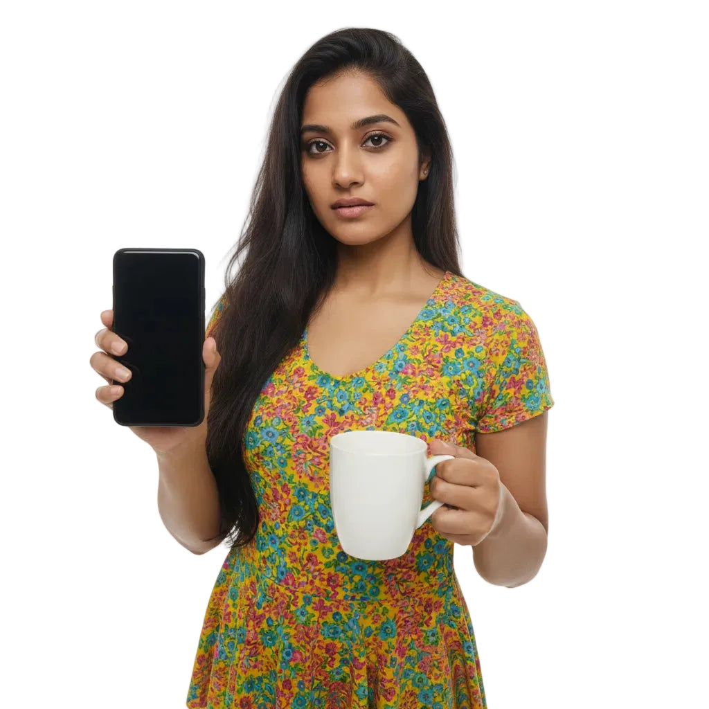 Woman in a colorful dress holding a phone and a mug on a white background