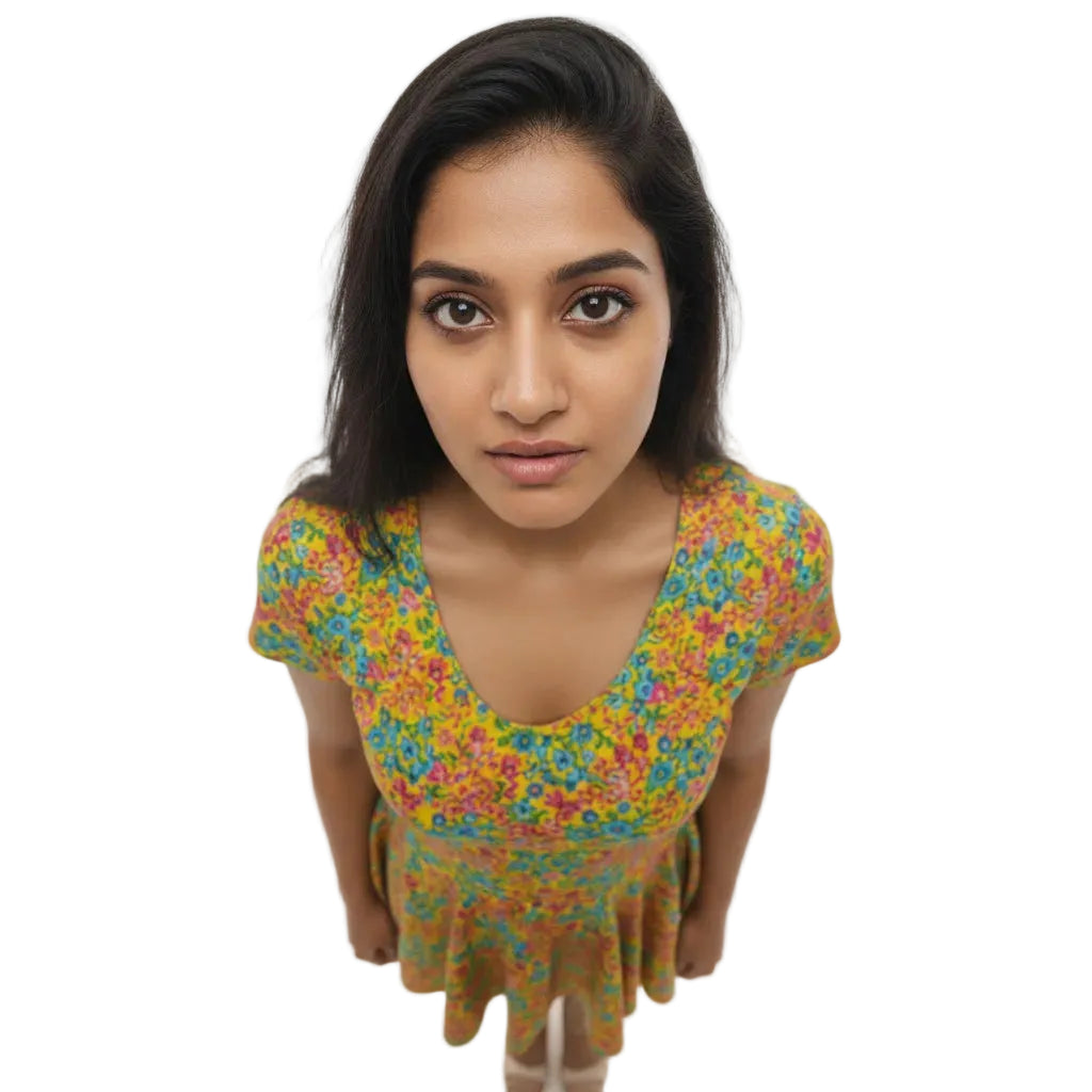 Woman wearing a colorful floral dress against a white background