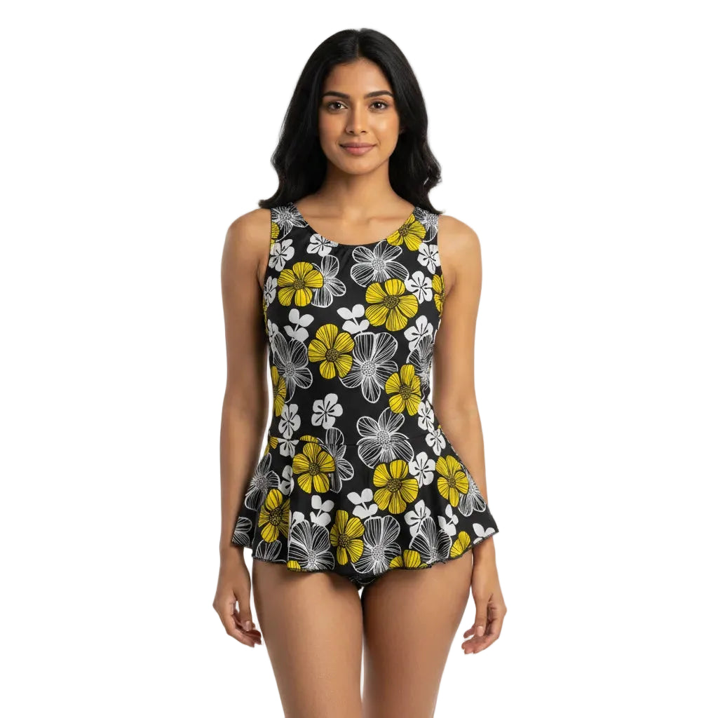 Woman wearing a black floral patterned sleeveless top on a white background