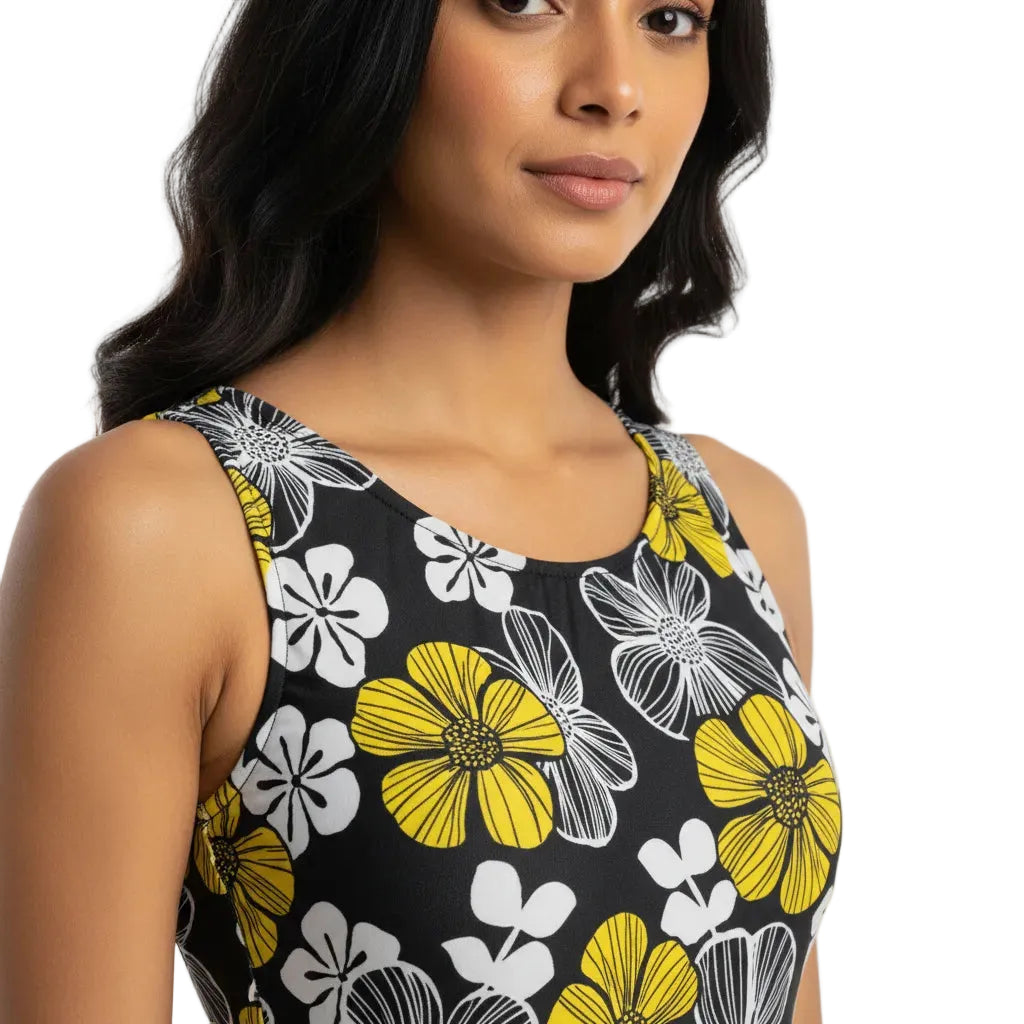 Woman wearing a sleeveless top with yellow and white floral pattern on a black background