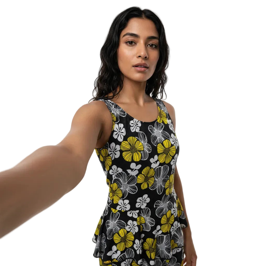 Woman wearing a sleeveless dress with floral pattern on a white background