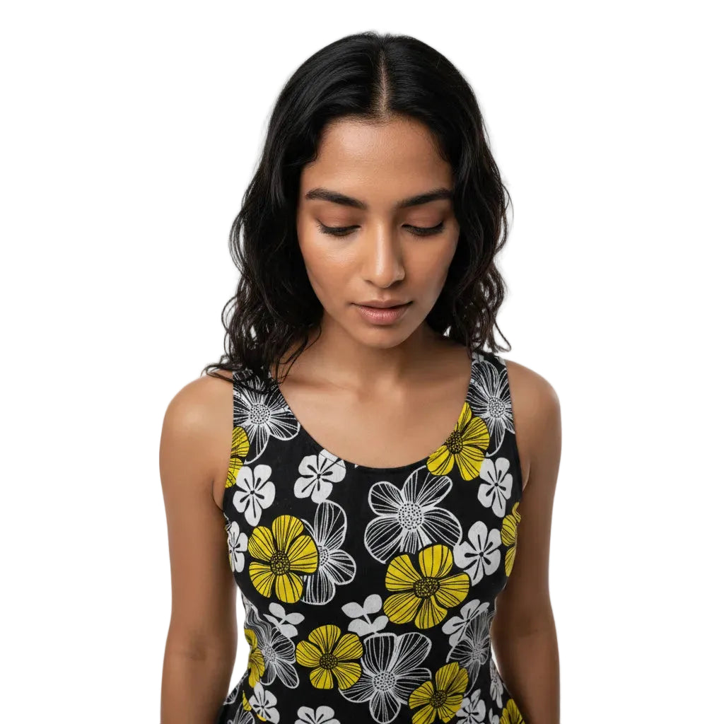 Woman wearing a black sleeveless top with yellow floral pattern on a white background