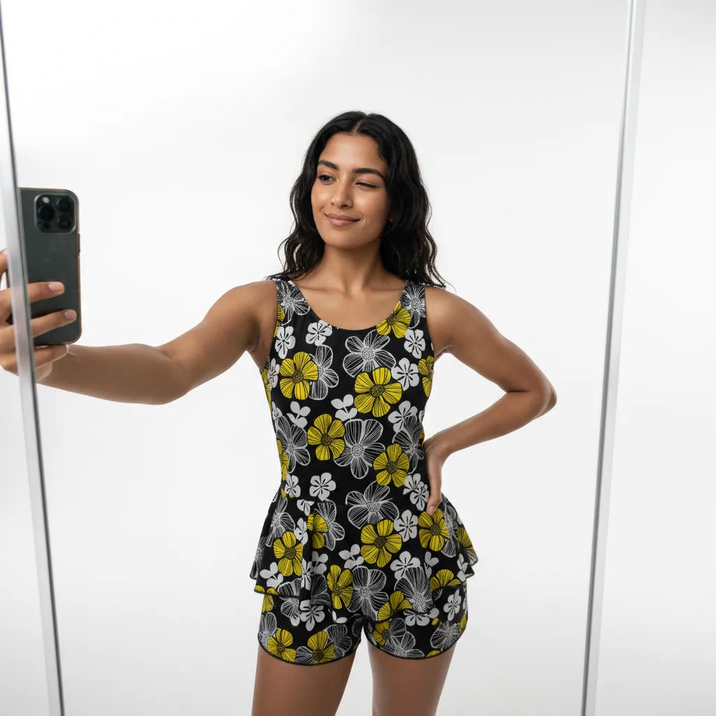 Woman taking a selfie wearing a black floral Swim Costume on a white background