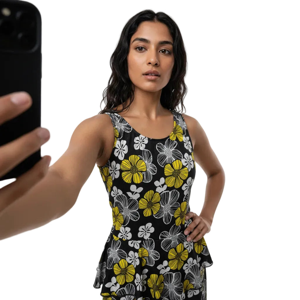 Woman taking a selfie wearing a black dress with yellow floral patterns on a white background