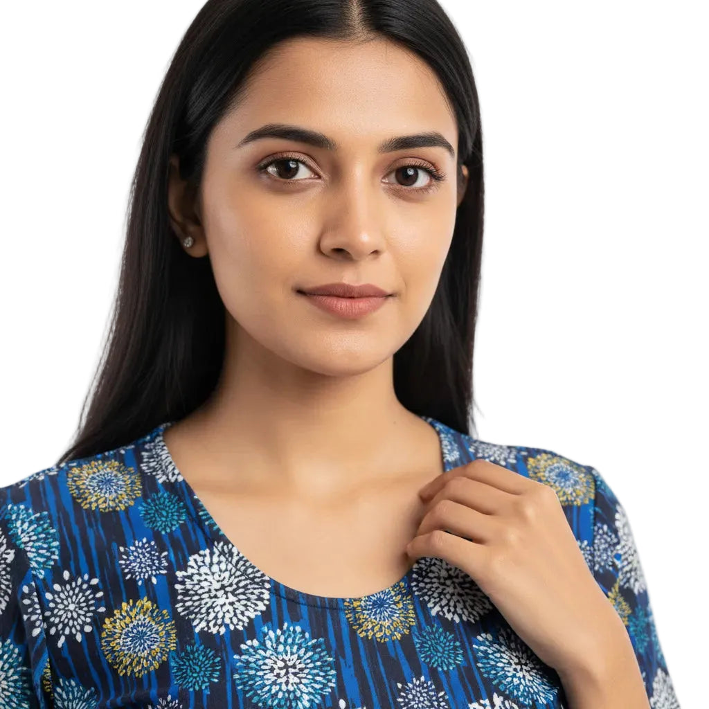 Woman wearing a blue floral patterned top against a white background