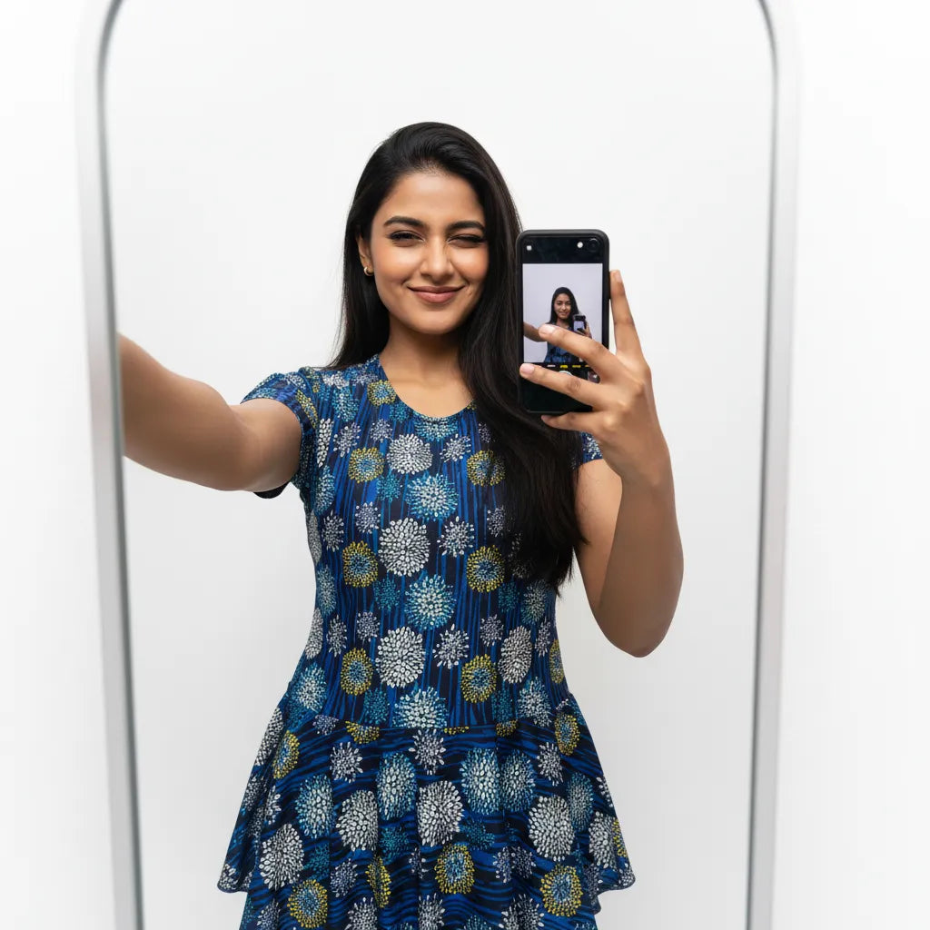 Woman taking a selfie in a blue floral dress with a smartphone on a white background