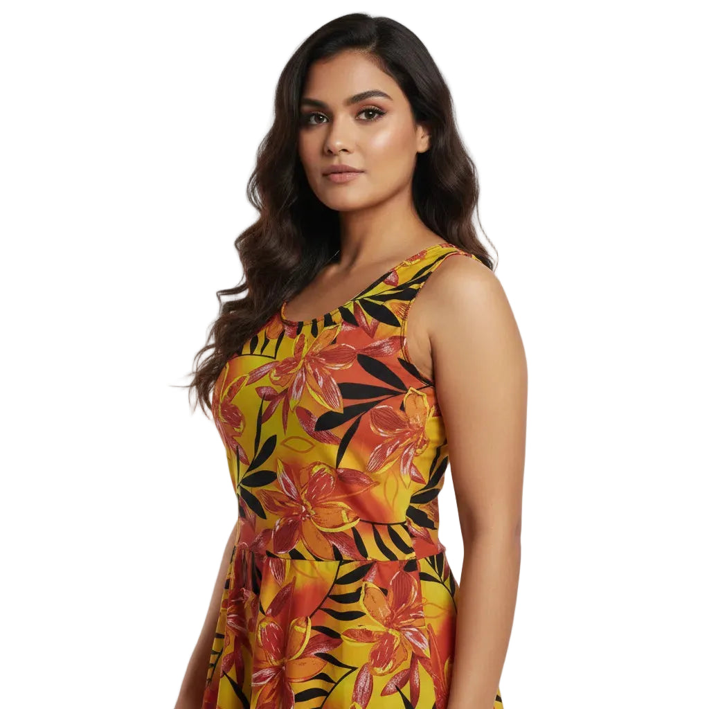 Woman wearing a yellow floral dress on a white background