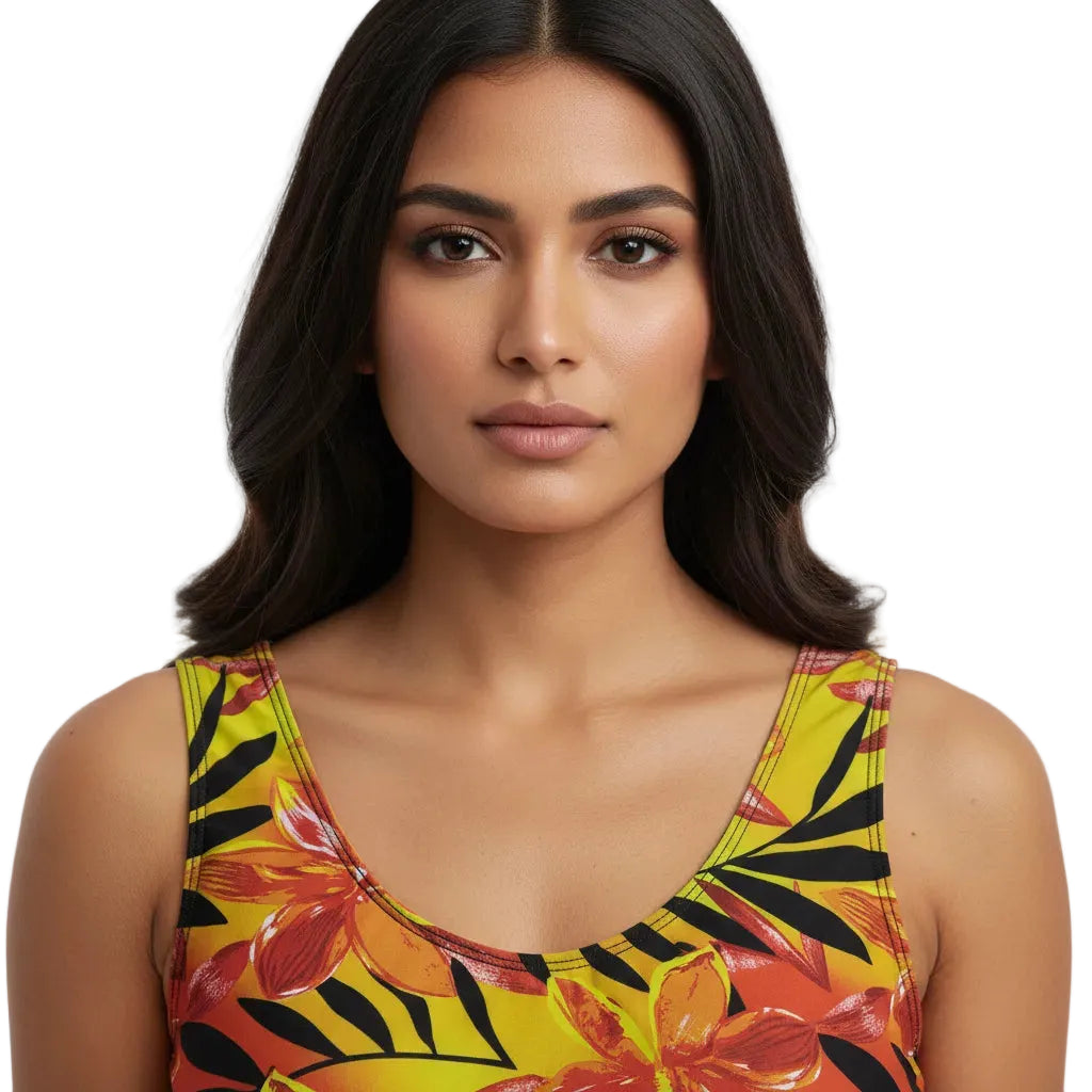 Woman wearing a colorful floral tank top against a white background