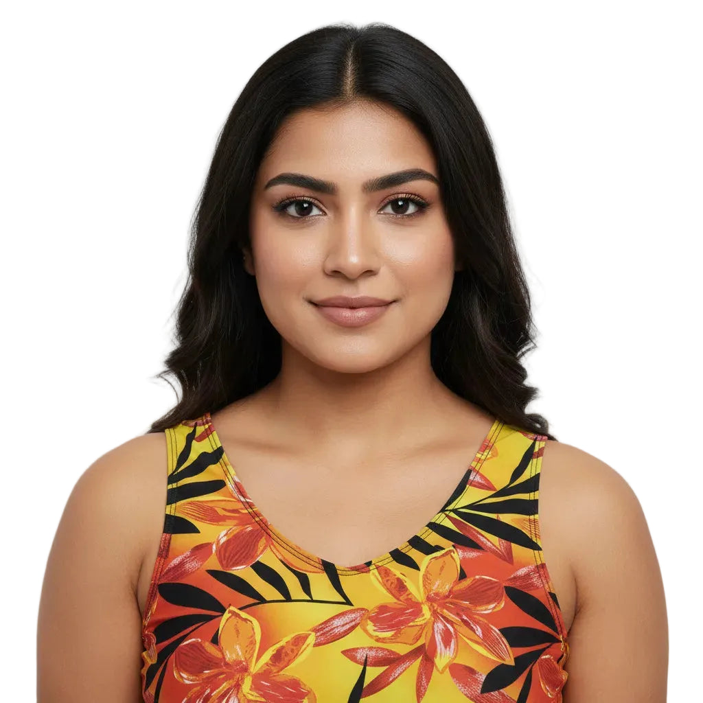 Woman wearing a colorful floral tank top against a plain background