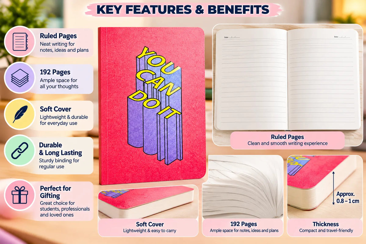 YOU CAN DO IT” Pink 3D Typography Ruled Notebook