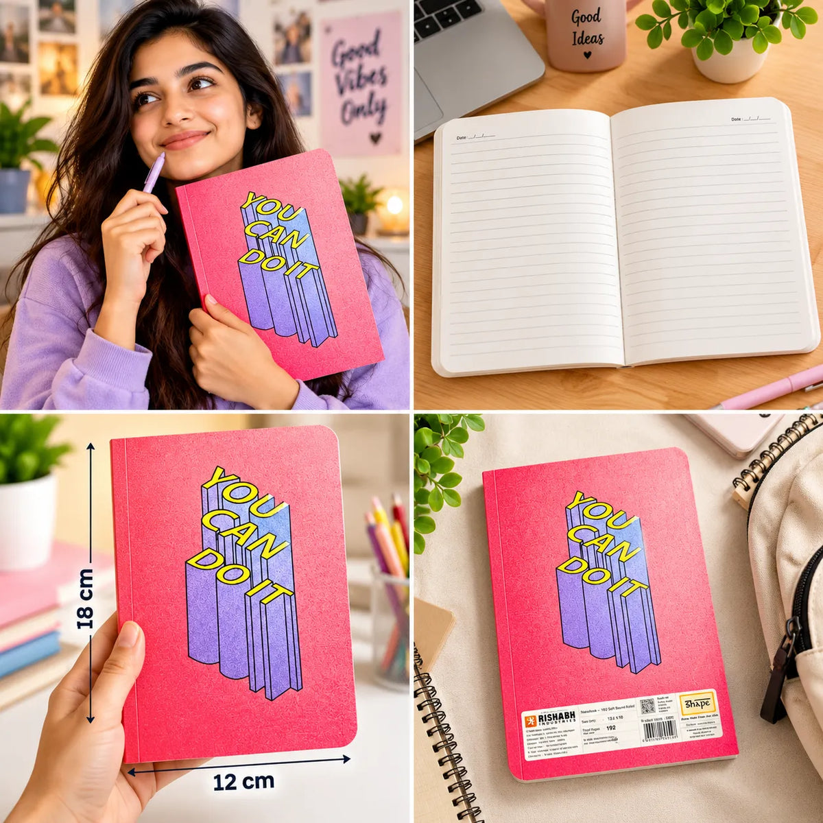 YOU CAN DO IT” Pink 3D Typography Ruled Notebook