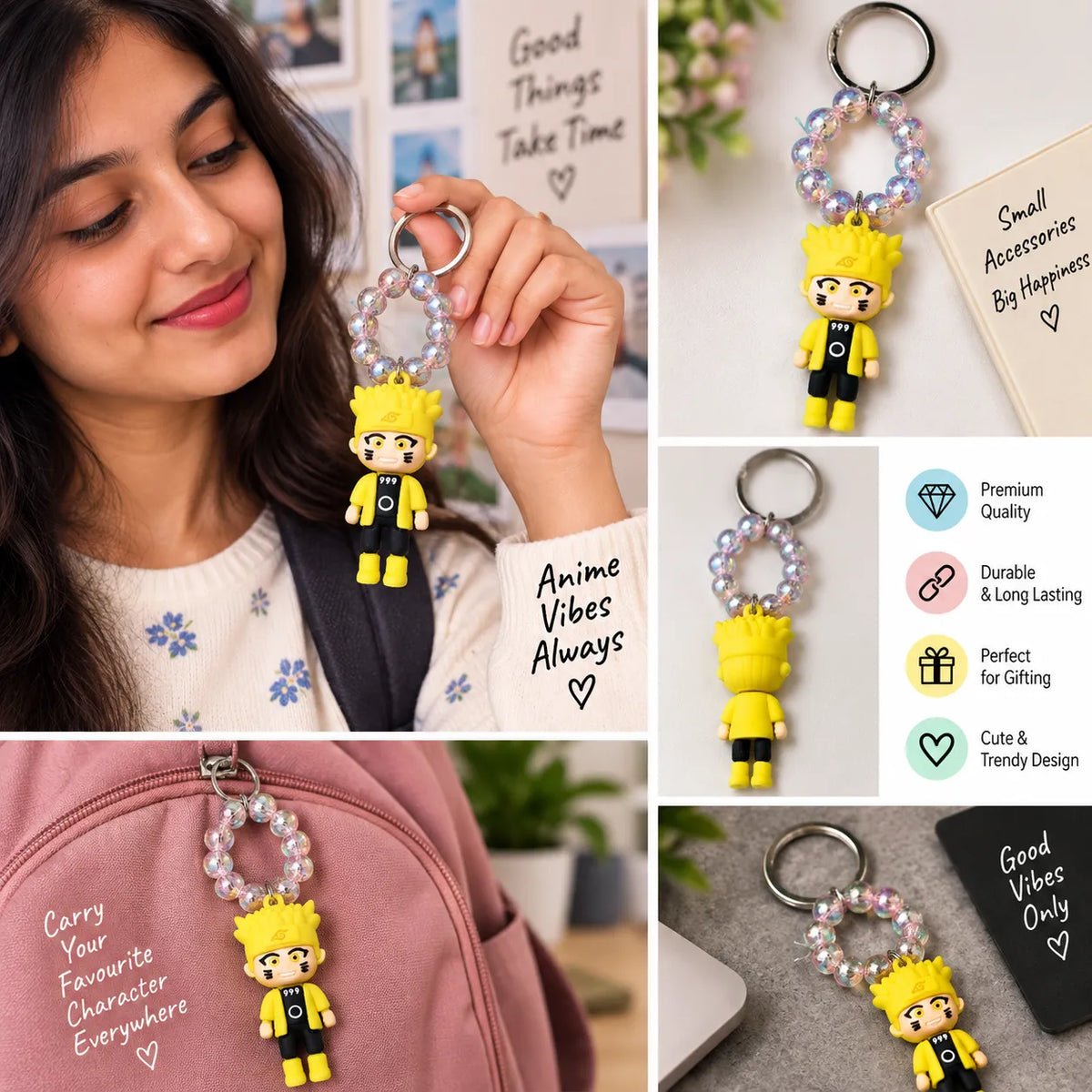 Yellow Anime Ninja Character Keychain with Beaded Ring | Cute Cartoon Keyring