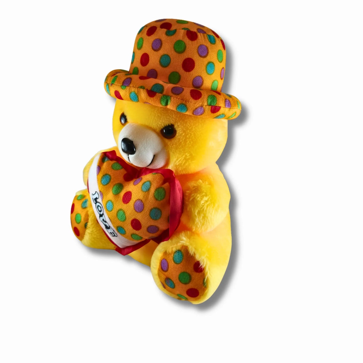 Yellow Teddy Bear with Polka Dot Hat & Heart Cushion | Cute Soft Plush Teddy Bear Toy for Kids, Girls & Gifting
