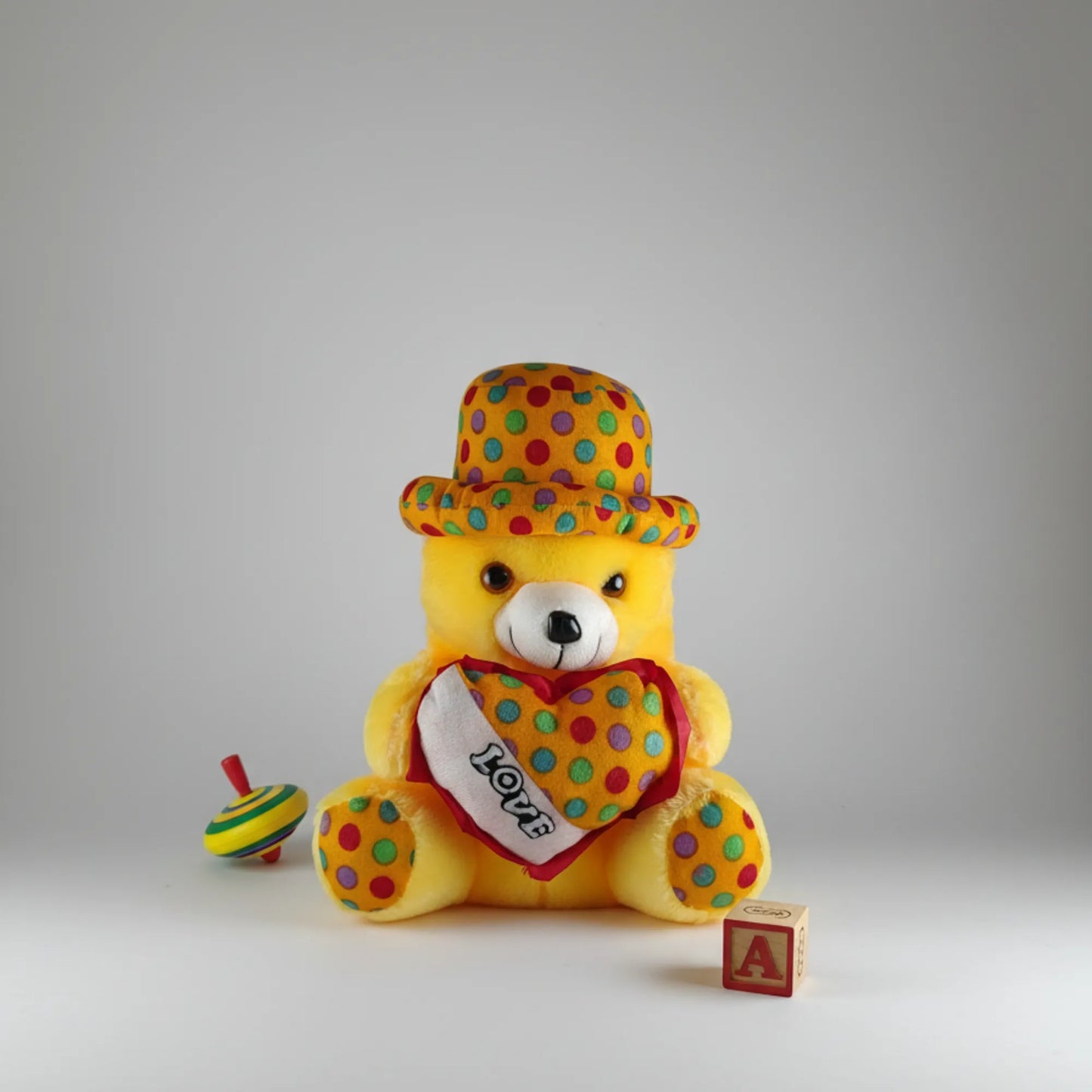 Yellow Teddy Bear with Polka Dot Hat & Heart Cushion | Cute Soft Plush Teddy Bear Toy for Kids, Girls & Gifting
