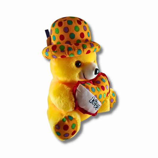 Yellow Teddy Bear with Polka Dot Hat & Heart Cushion | Cute Soft Plush Teddy Bear Toy for Kids, Girls & Gifting