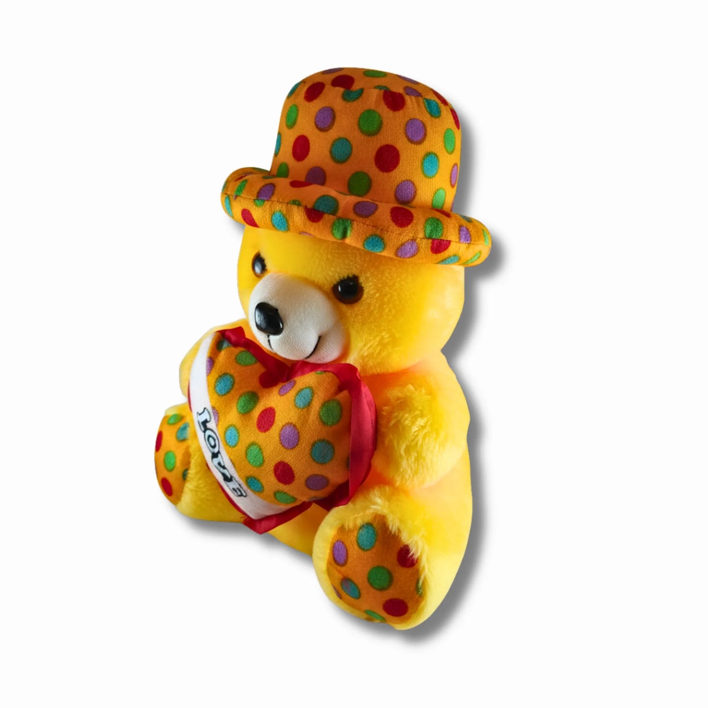 Yellow Teddy Bear with Polka Dot Hat & Heart Cushion | Cute Soft Plush Teddy Bear Toy for Kids, Girls & Gifting