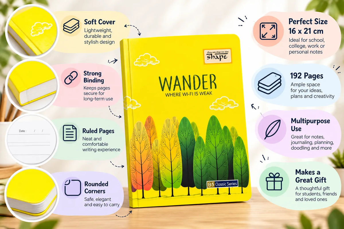 Yellow “Wander – Where Wi-Fi Is Weak” B5 Classic Series Soft Cover Ruled Notebook – 16 × 21 cm, 192 Pages