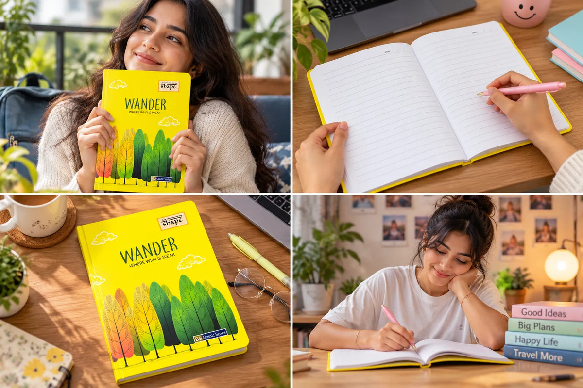 Yellow “Wander – Where Wi-Fi Is Weak” B5 Classic Series Soft Cover Ruled Notebook – 16 × 21 cm, 192 Pages