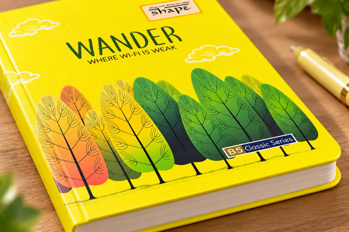 A hardcover notebook titled 'WANDER' with a bright yellow cover, illustrated with stylized trees in green, yellow, orange, and dark navy. The cover also features the 'shape' logo and 'B5 Classic Series' label, resting on a wooden desk next to a gold pen.