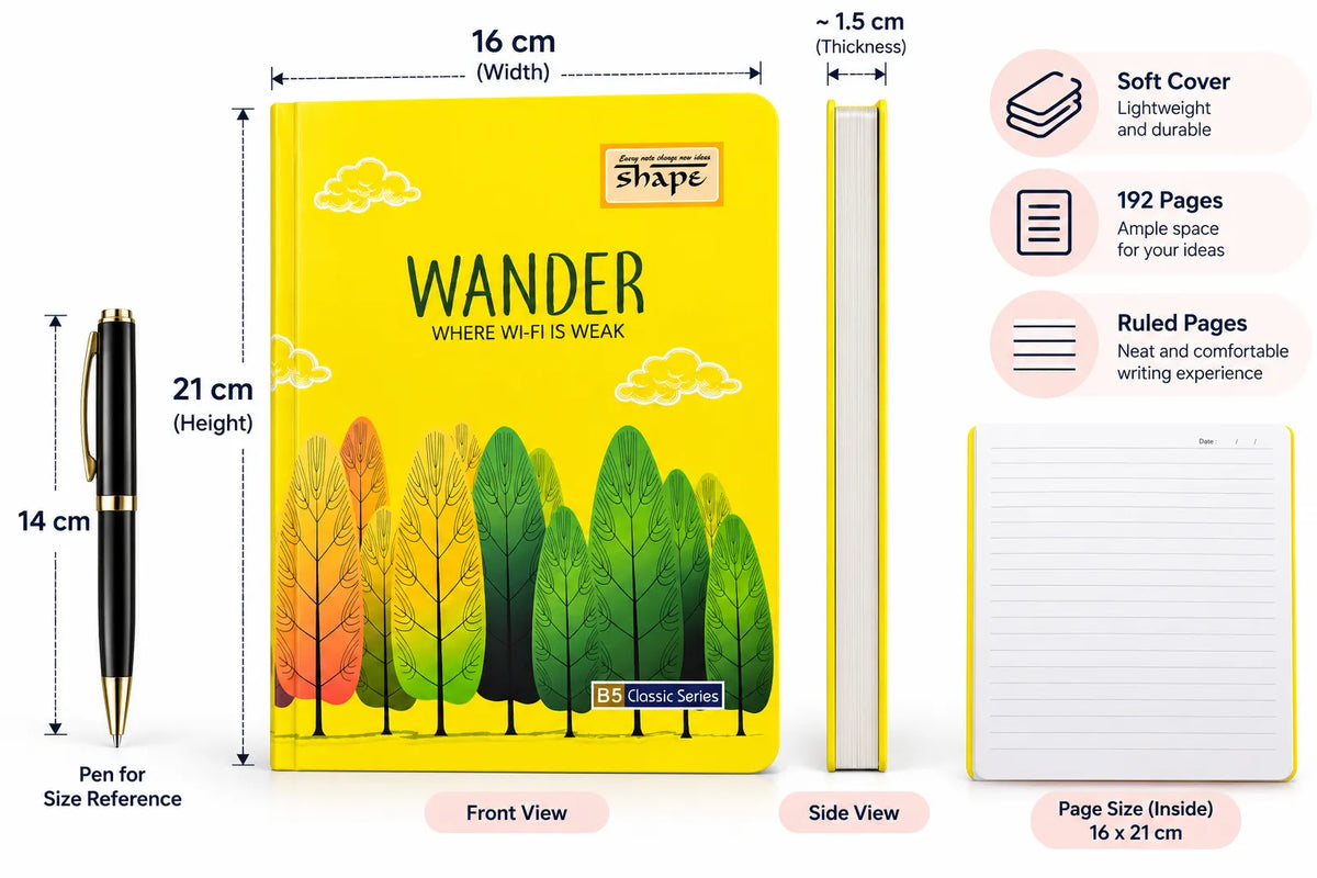 Yellow notebook with a tree illustration on the cover, shown with dimension labels, a pen for size reference, and feature callouts including soft cover, 192 pages, ample space, and ruled pages.