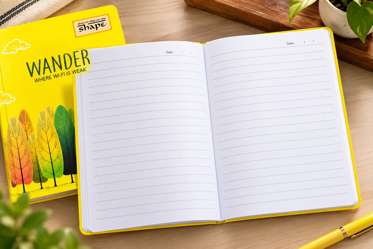 An open lined notebook with a bright yellow cover lies on a wooden desk, with the matching yellow notebook cover visible behind it. The cover reads “WANDER” and “shape,” with colorful tree illustrations.