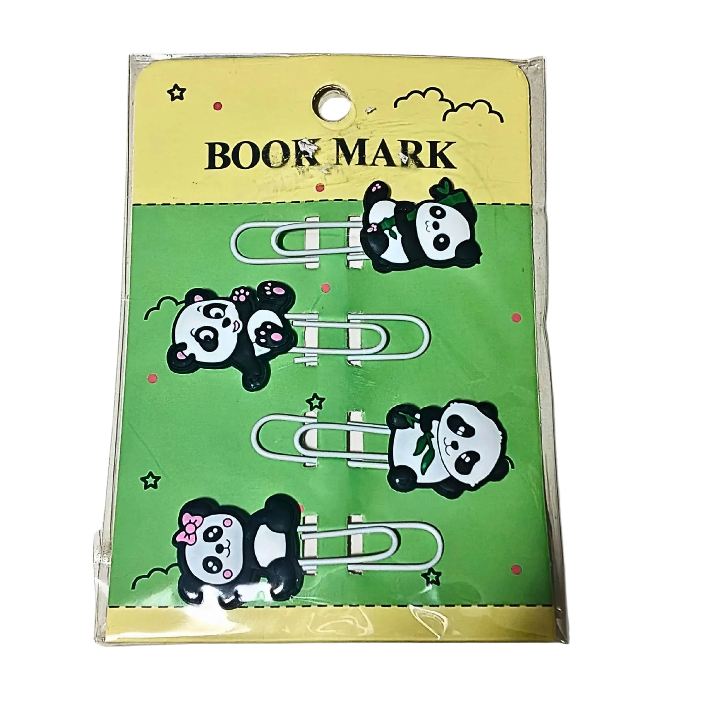 Packaged panda-themed bookmarks with a green background and yellow top.