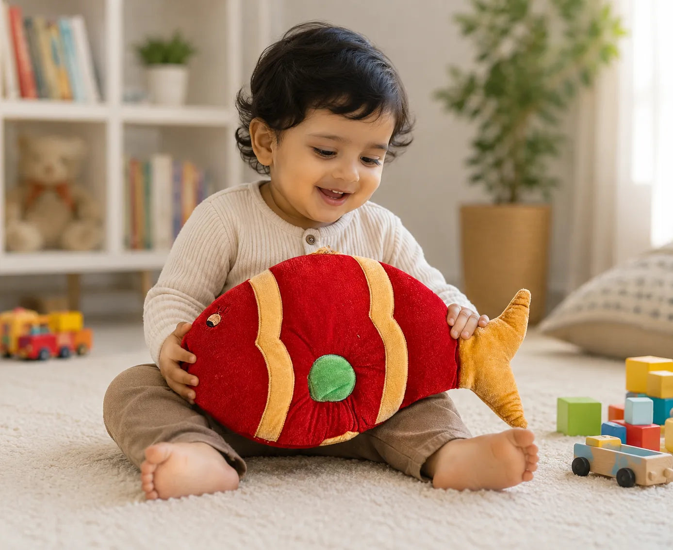 Child playing with a red fish-shaped pillow in a room with toys and books.