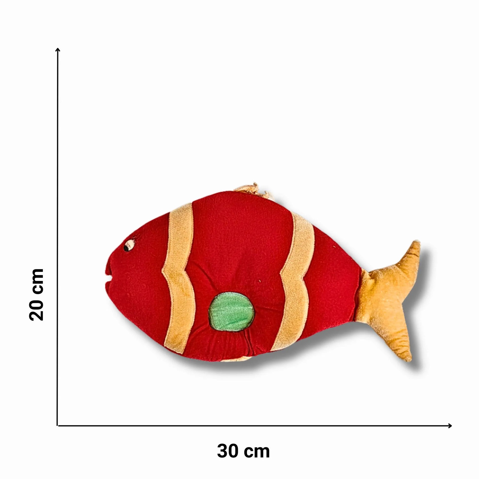 Red fish-shaped cushion with green circle and beige fins, shown with dimensions on a white background.