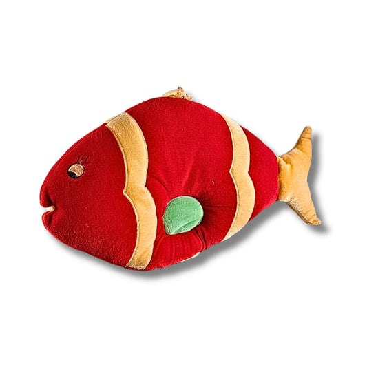Red fish-shaped plush toy on a white background