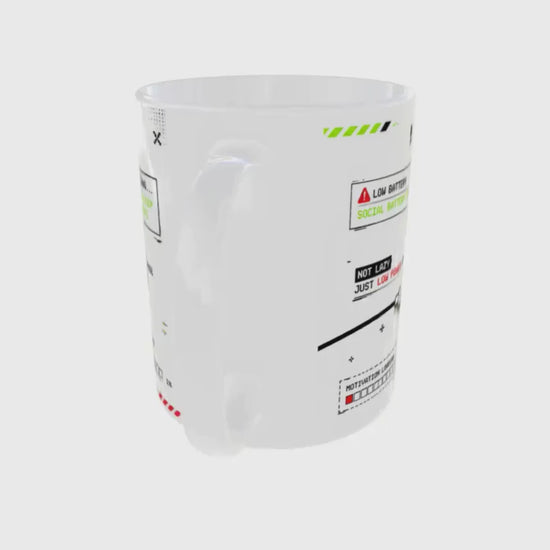 Low Battery Gen Z ceramic mug featuring social battery warning, low power messages,
