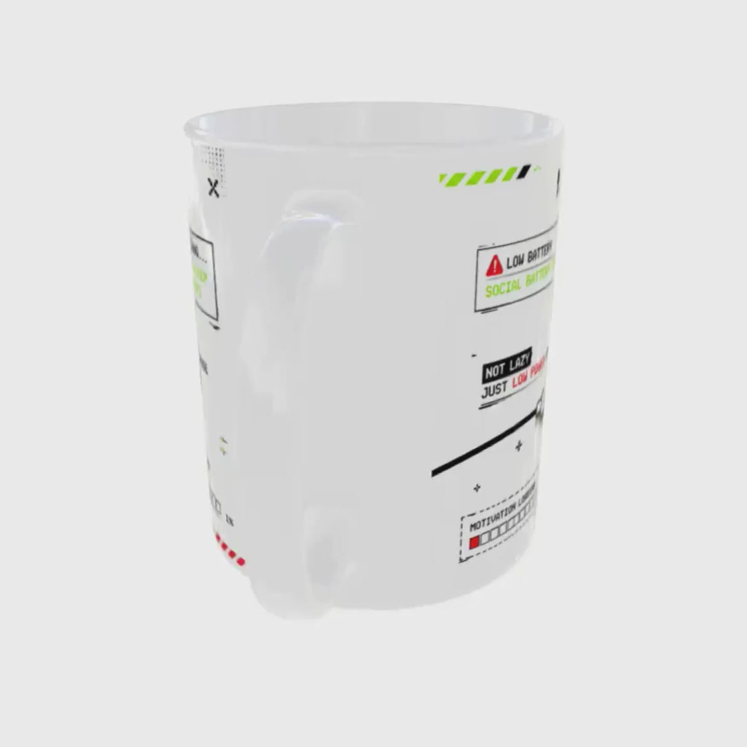 Low Battery Gen Z ceramic mug featuring social battery warning, low power messages,