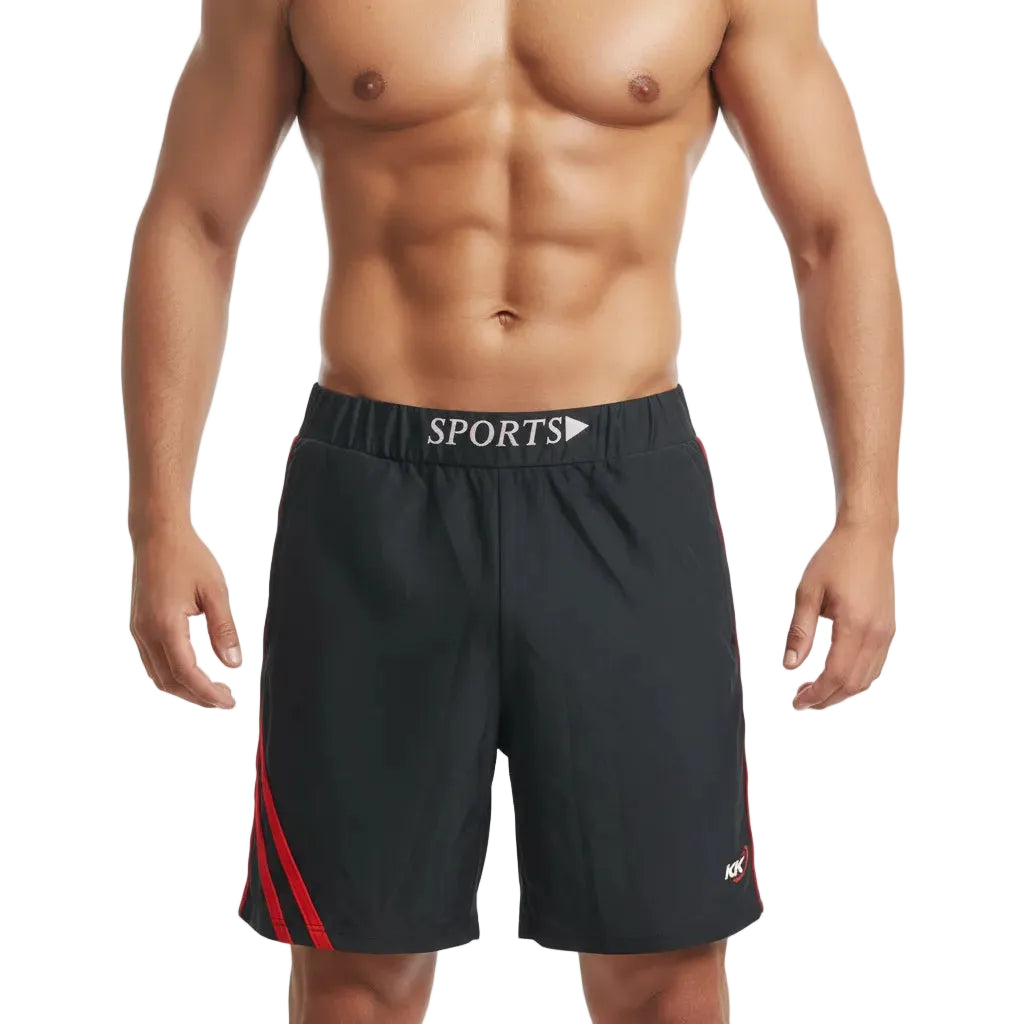 Black athletic shorts with red stripe and 'SPORTS' text on a white background