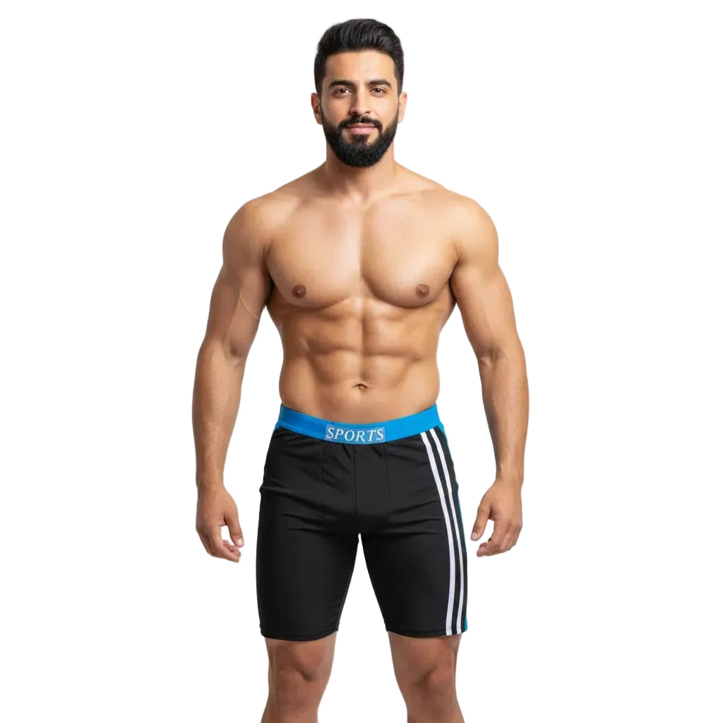 Man wearing black swim shorts with blue waistband and white stripes on a light gray background
