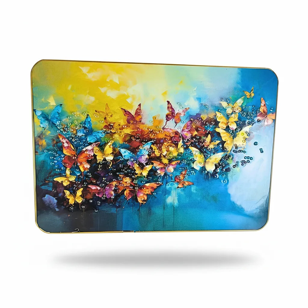Large Abstract Multi-Color Butterfly Wall Art - Premium 3D Crystal & Glitter Work Scenery with Golden Frame (45x30 cm)