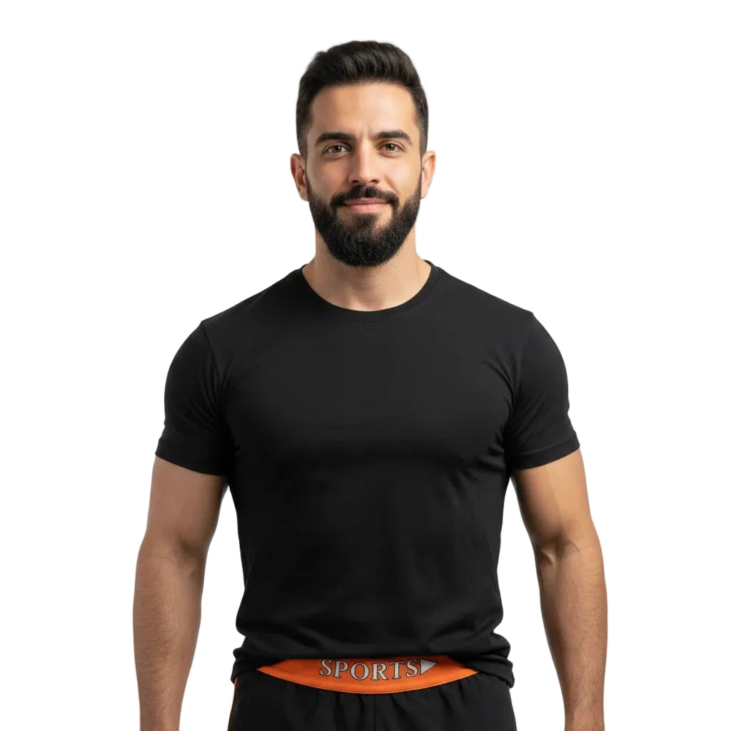 Man wearing a black t-shirt with an orange waistband labeled 'Sports' on a white background