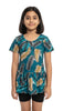 Girls Teal Feather Print Swim Costume with Shorts (Size 34)