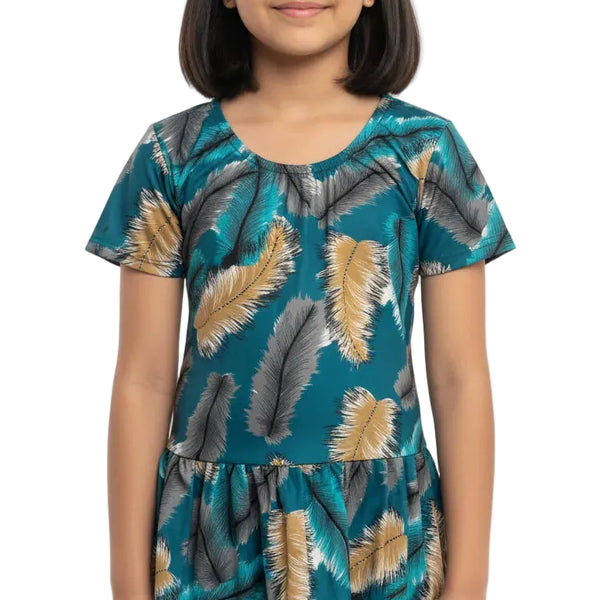 Girls Teal Feather Print Swim Costume with Shorts (Size 34)