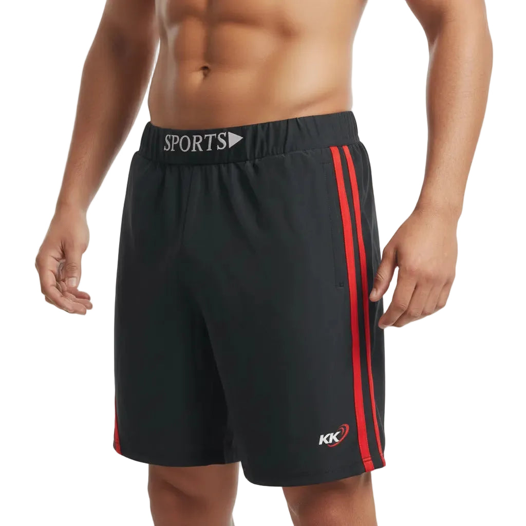 Black athletic shorts with red stripes and a logo on a white background