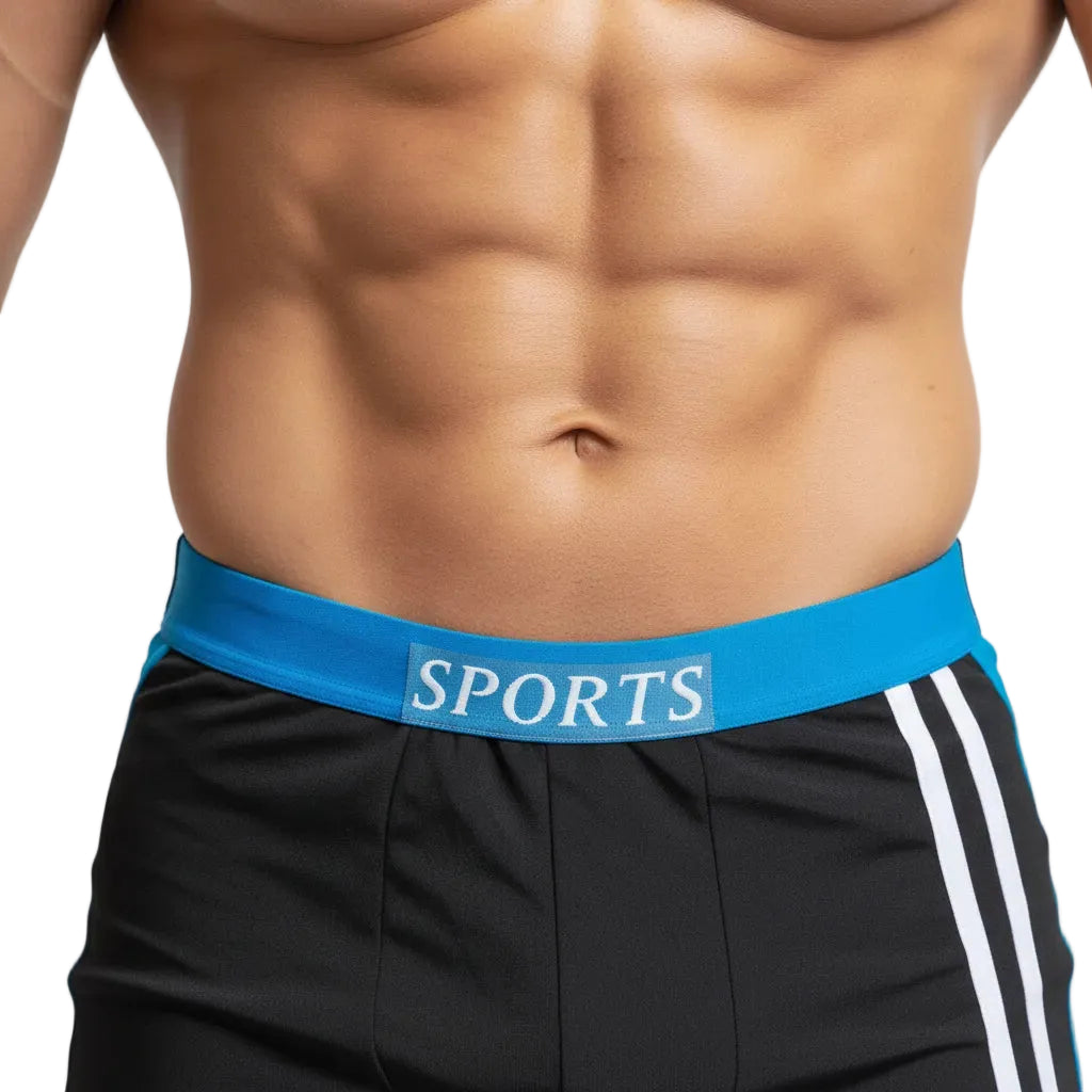 Person wearing black shorts with a blue waistband labeled 'SPORTS' on a light gray background