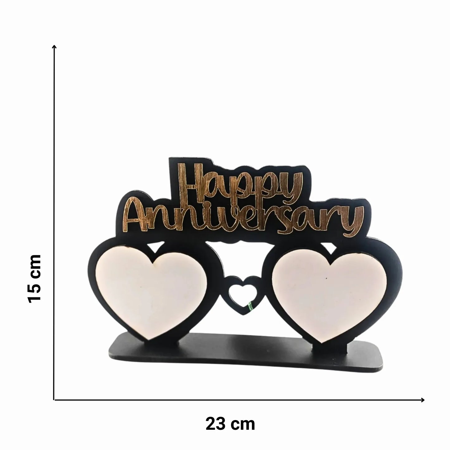 Decorative item with 'Happy Anniversary' text and heart shapes, shown with measurements on a white background.