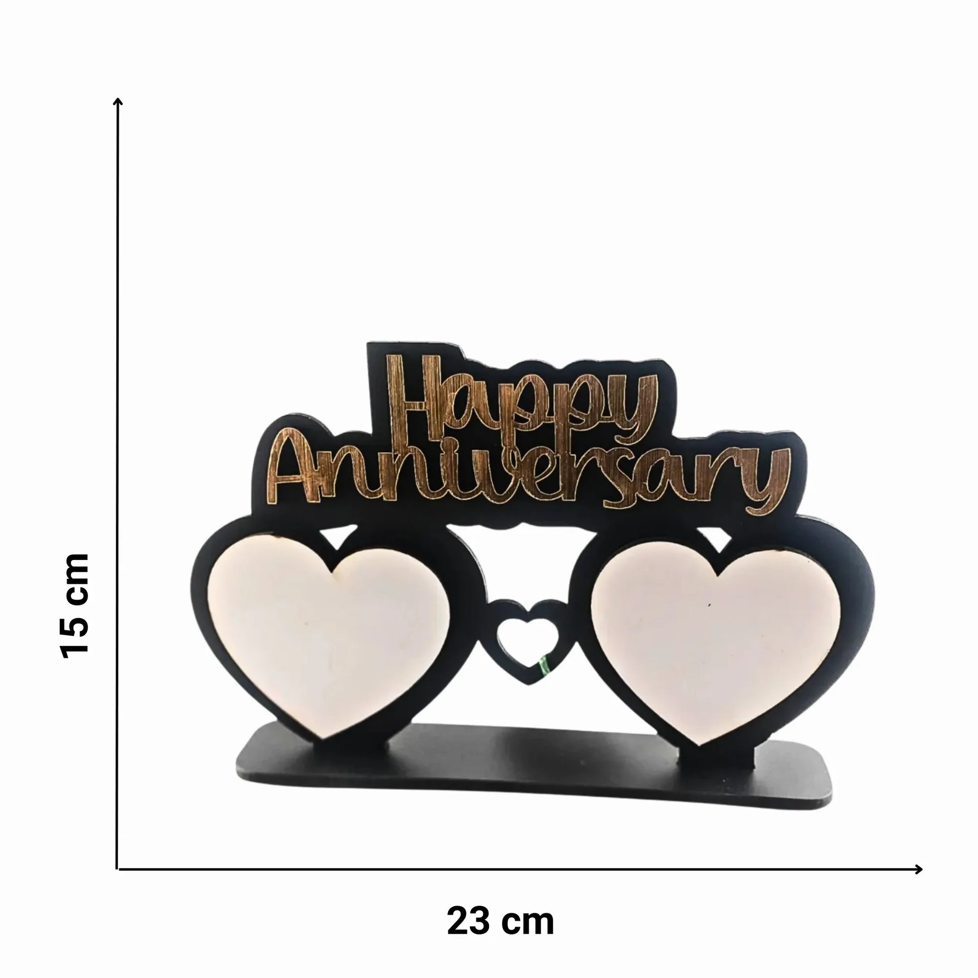 Decorative item with 'Happy Anniversary' text and heart shapes, shown with measurements on a white background.